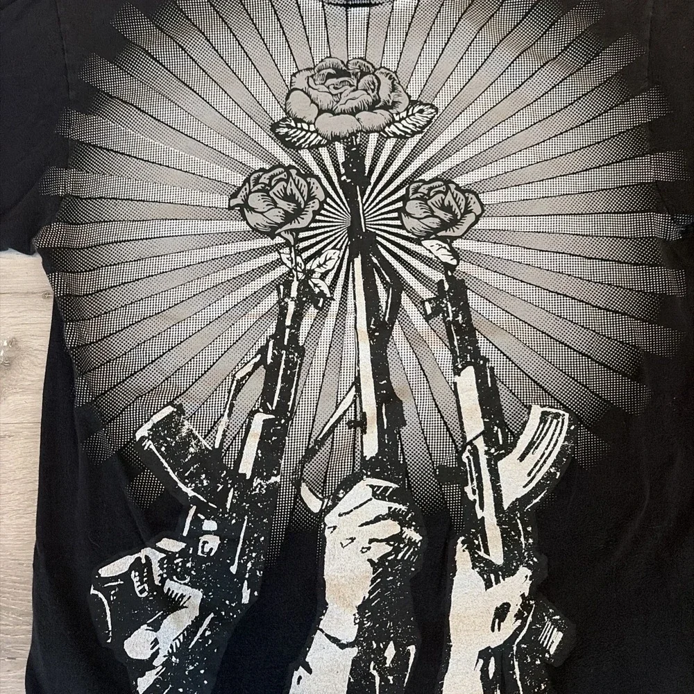 Vintage Y2K Obey Guns And Roses T Shirt Men's Large Black Front AOP